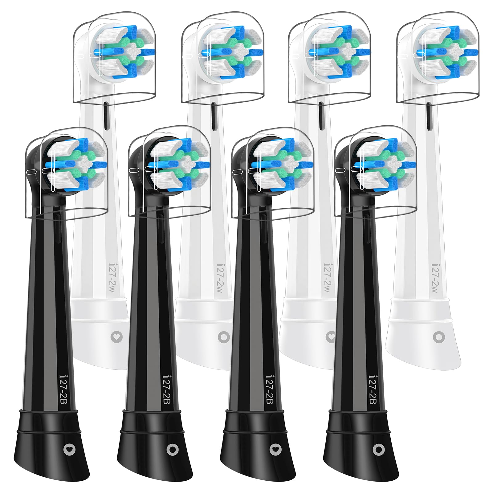Eight Oral-B IO replacement brush heads in black and white packaging