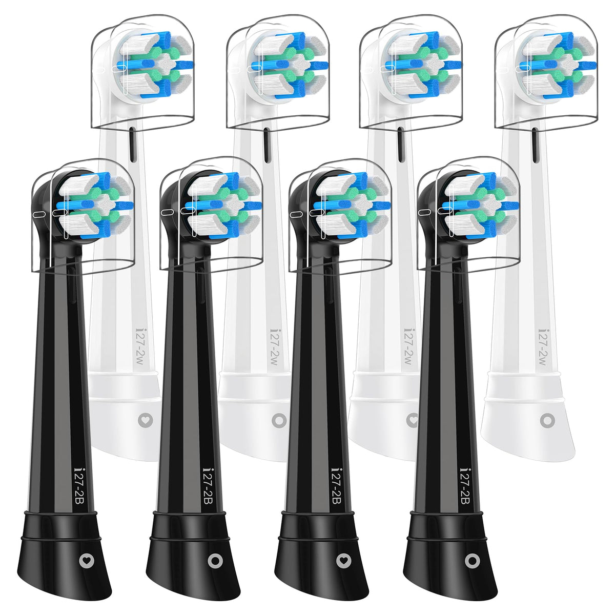 Eight Oral-B IO replacement brush heads in black and white packaging