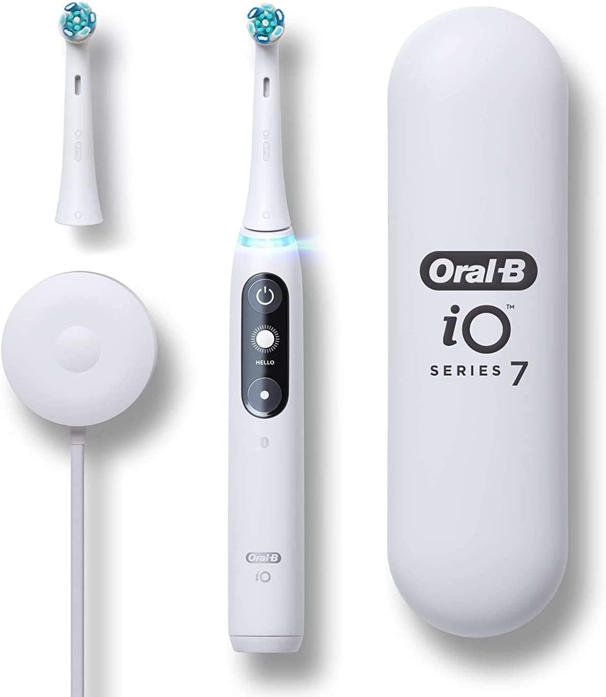Front view of Oral-B iO Series 7 electric toothbrush in White Alabaster