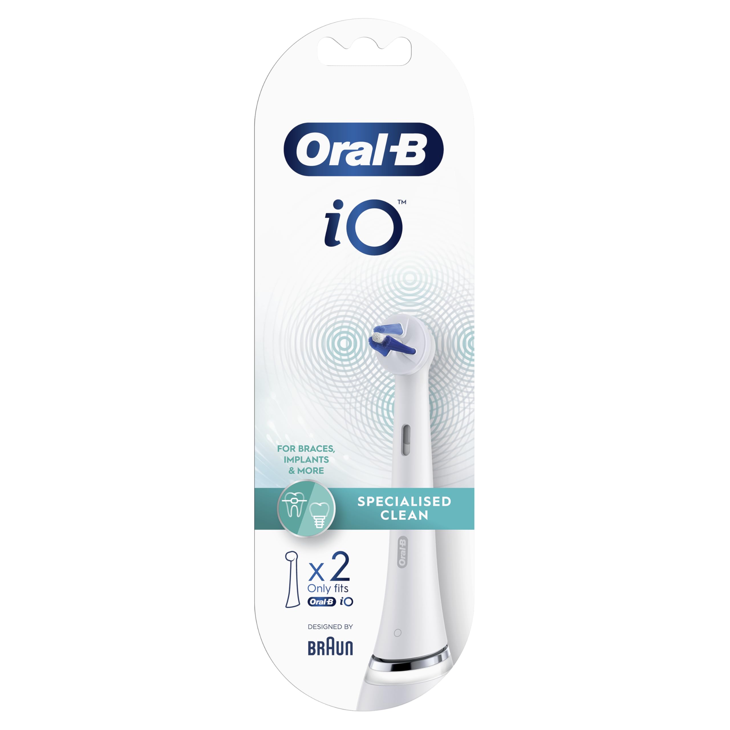 Oral-B iO Specialised Clean brush head 2-pack in white with angled outer tufts for deep cleaning in hard-to-reach areas
