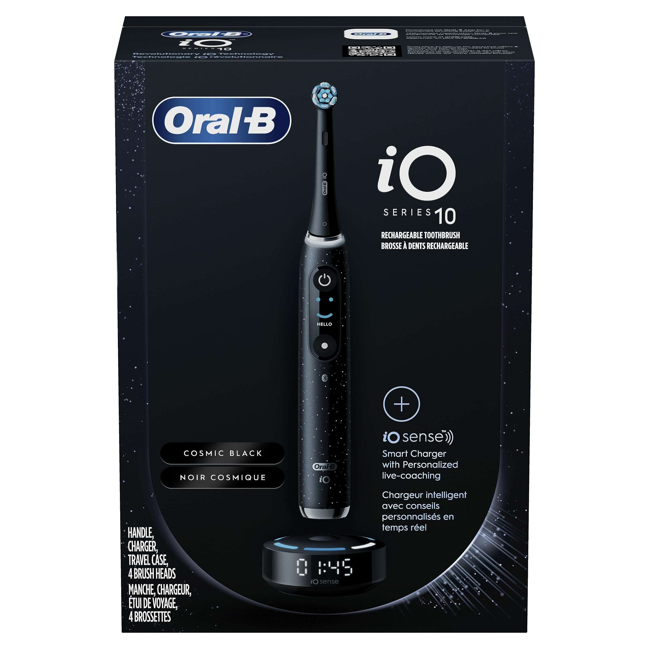 Front view of black Oral-B iO Series 10 electric toothbrush