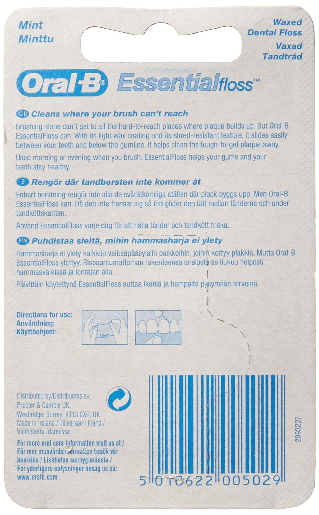 Box contains 6 x Oral-B Essentialfloss Waxed Dental Floss 50m