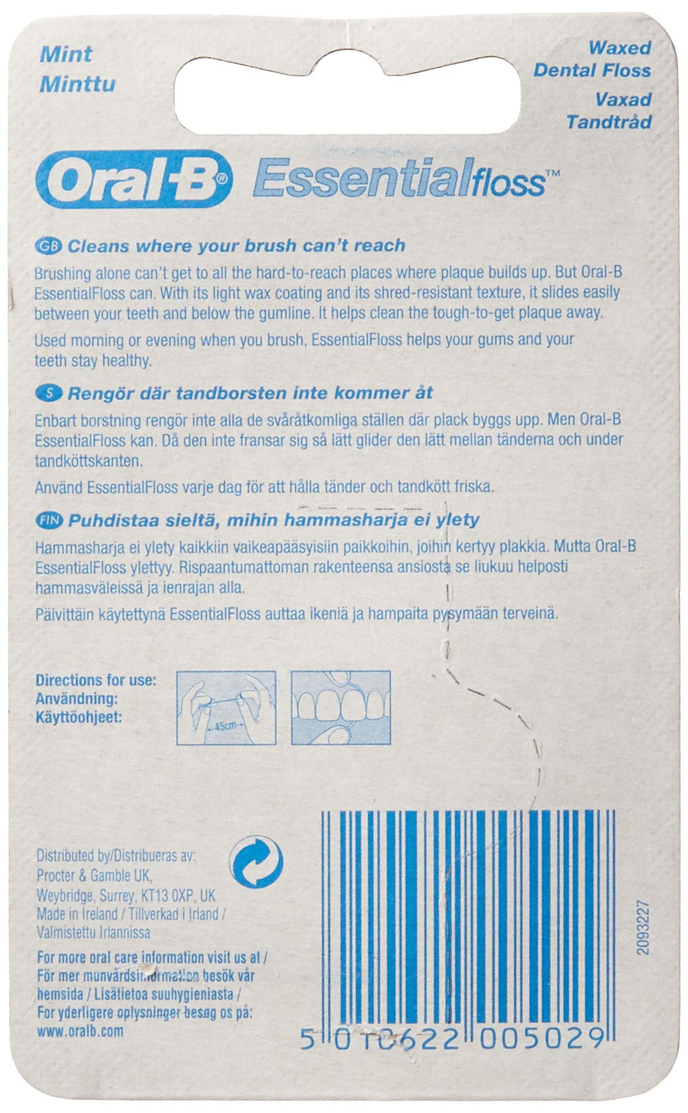 Box contains 6 x Oral-B Essentialfloss Waxed Dental Floss 50m