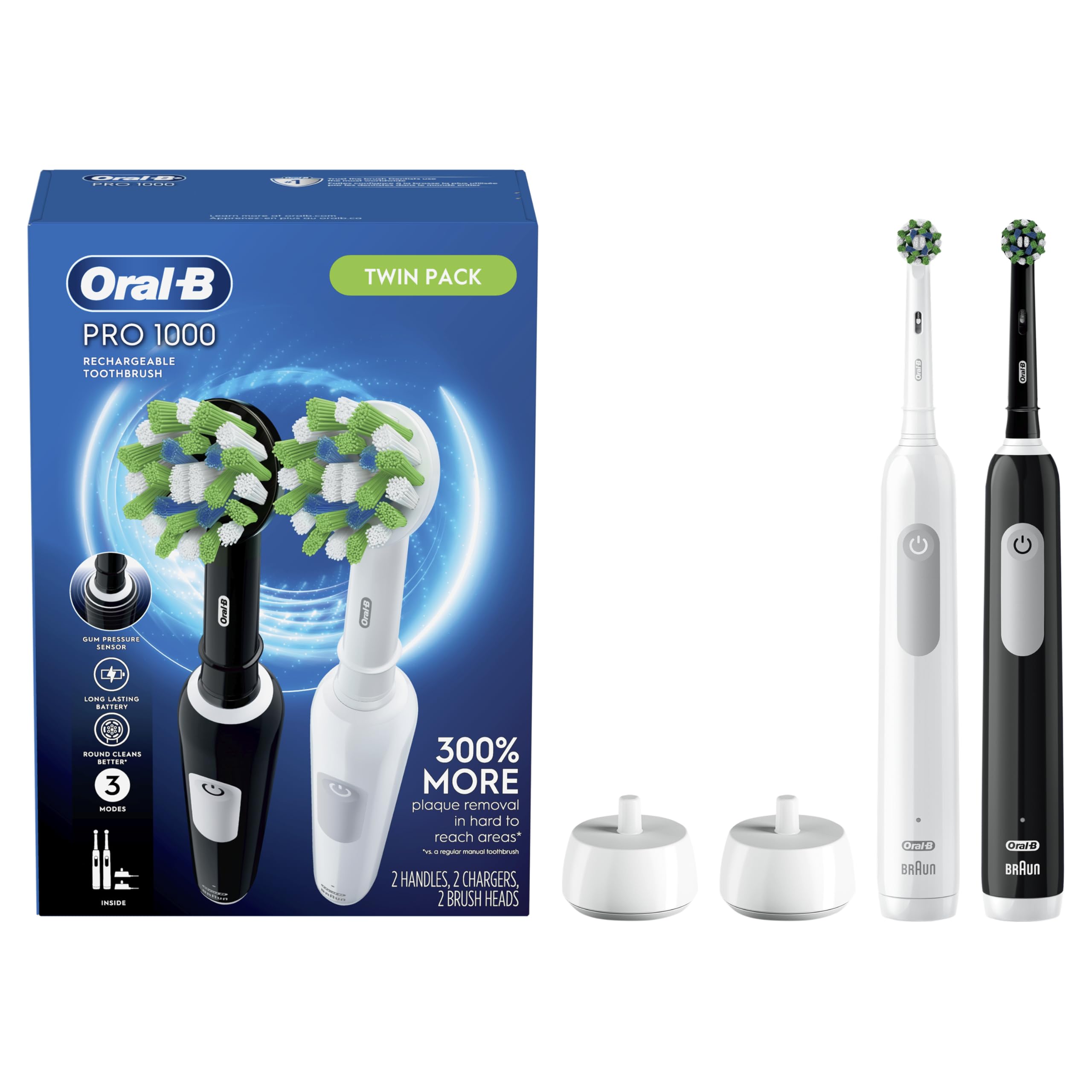 Two Oral-B Pro 1000 CrossAction electric toothbrushes in black and white (2-count pack).