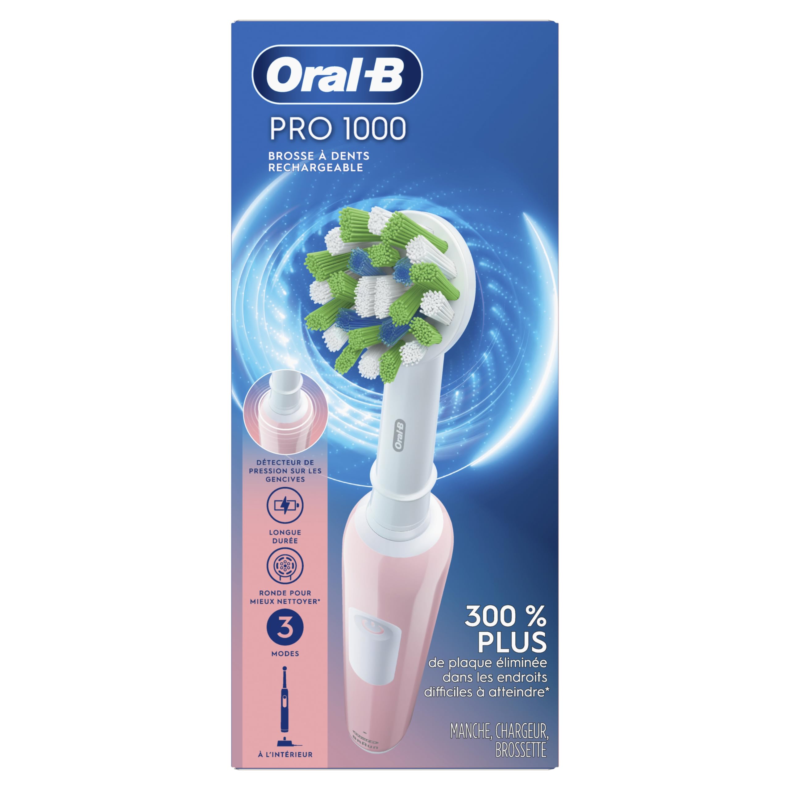 Oral-B Pro 1000 Pink packaging with toothbrush image
