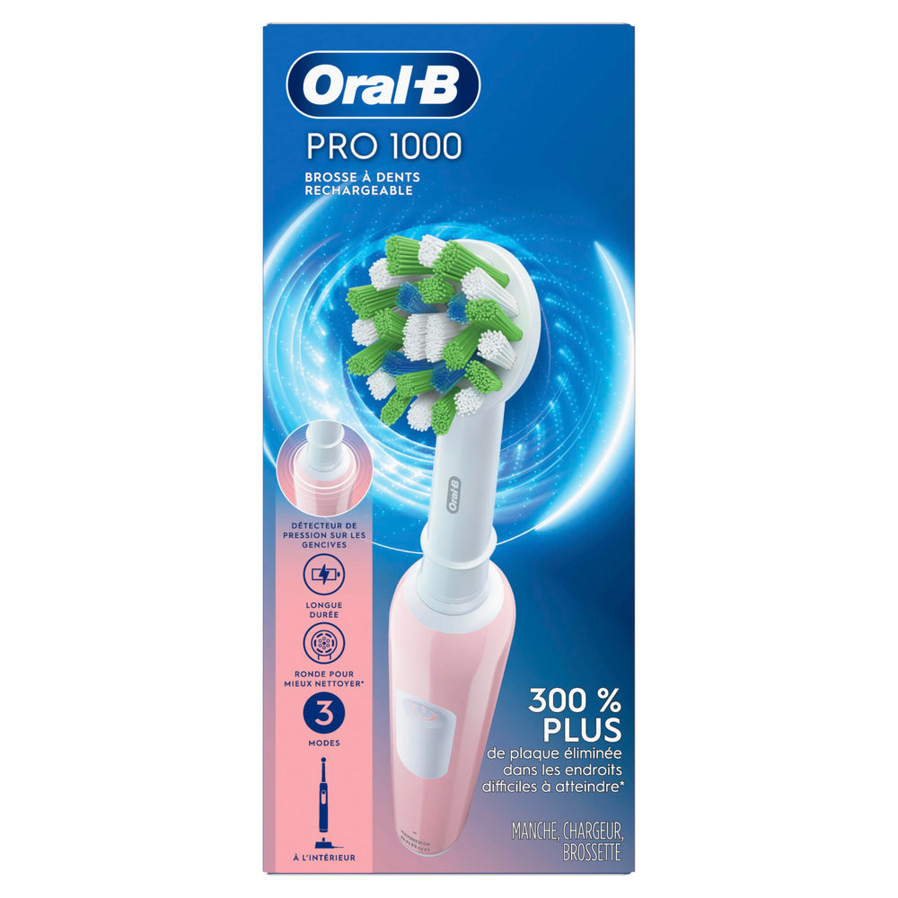 Oral-B Pro 1000 Pink packaging with toothbrush image