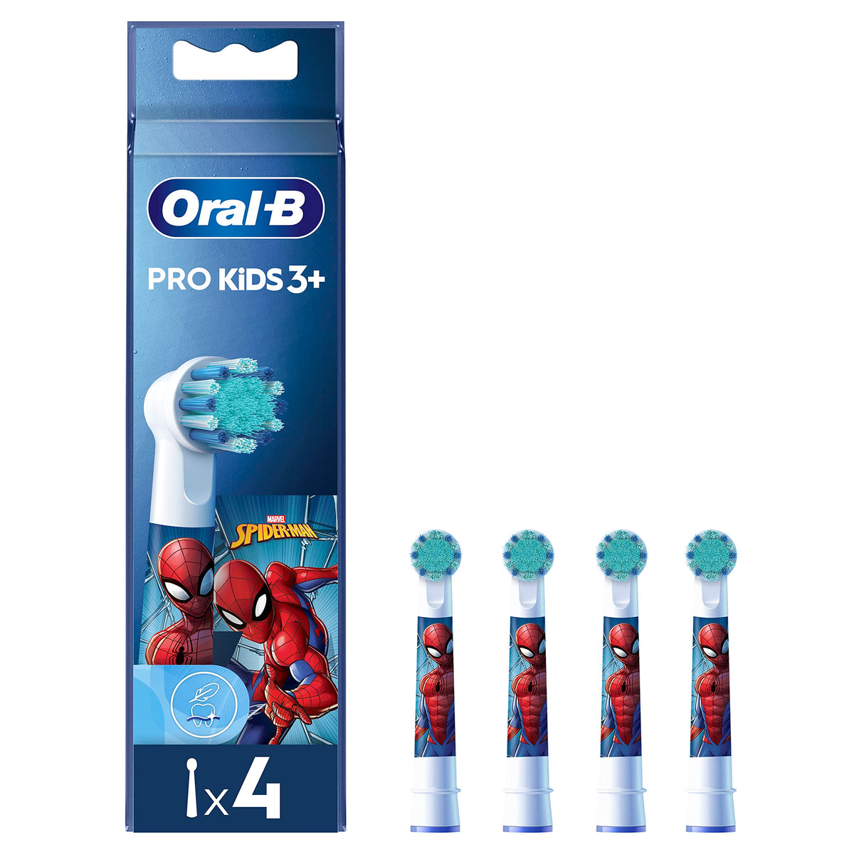 Oral-B Pro Kids Spiderman toothbrush head, 4-pack, white, front view