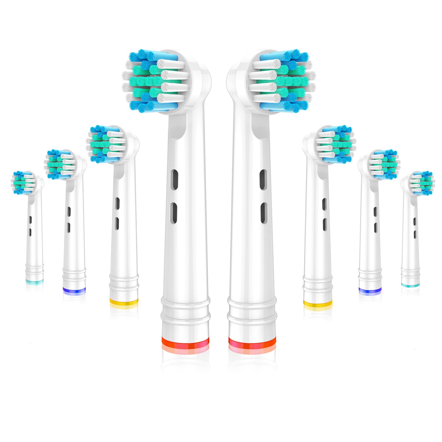 Eight replacement Oral-B toothbrush heads displayed in packaging.