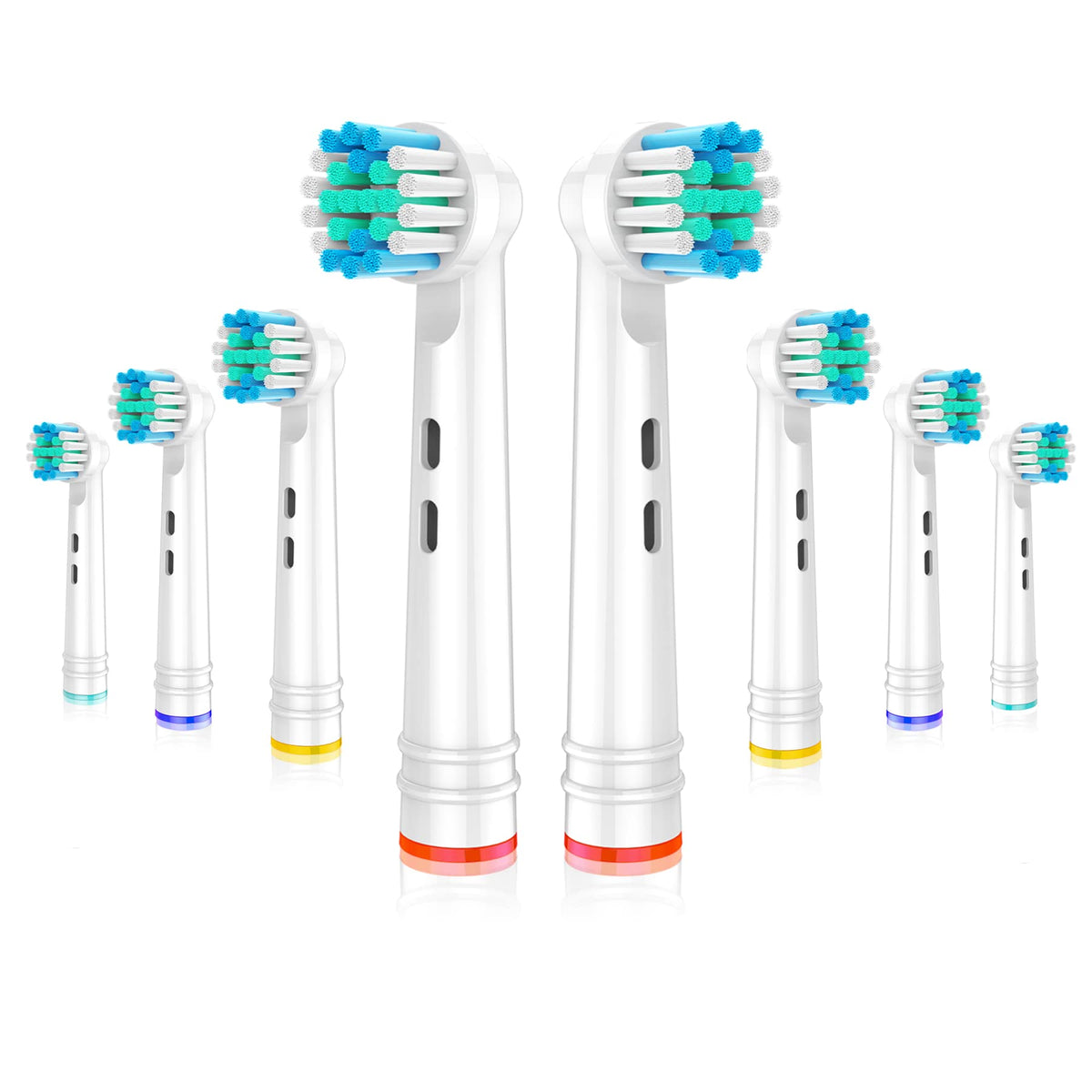 Eight replacement Oral-B toothbrush heads displayed in packaging.