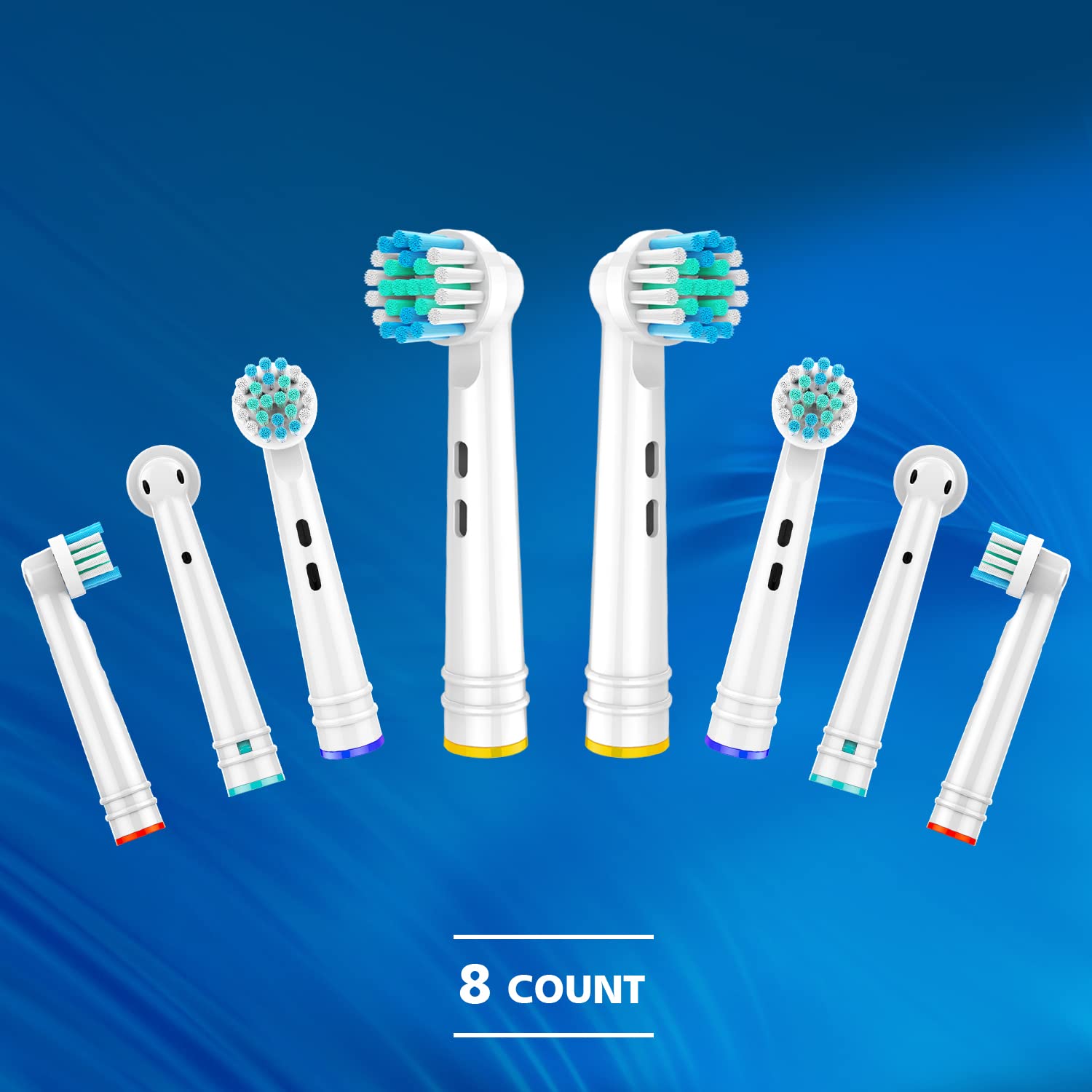 Eight Oral-B replacement heads compatible with models 3756, 3757, 3744, 3765, 3709, 4729.