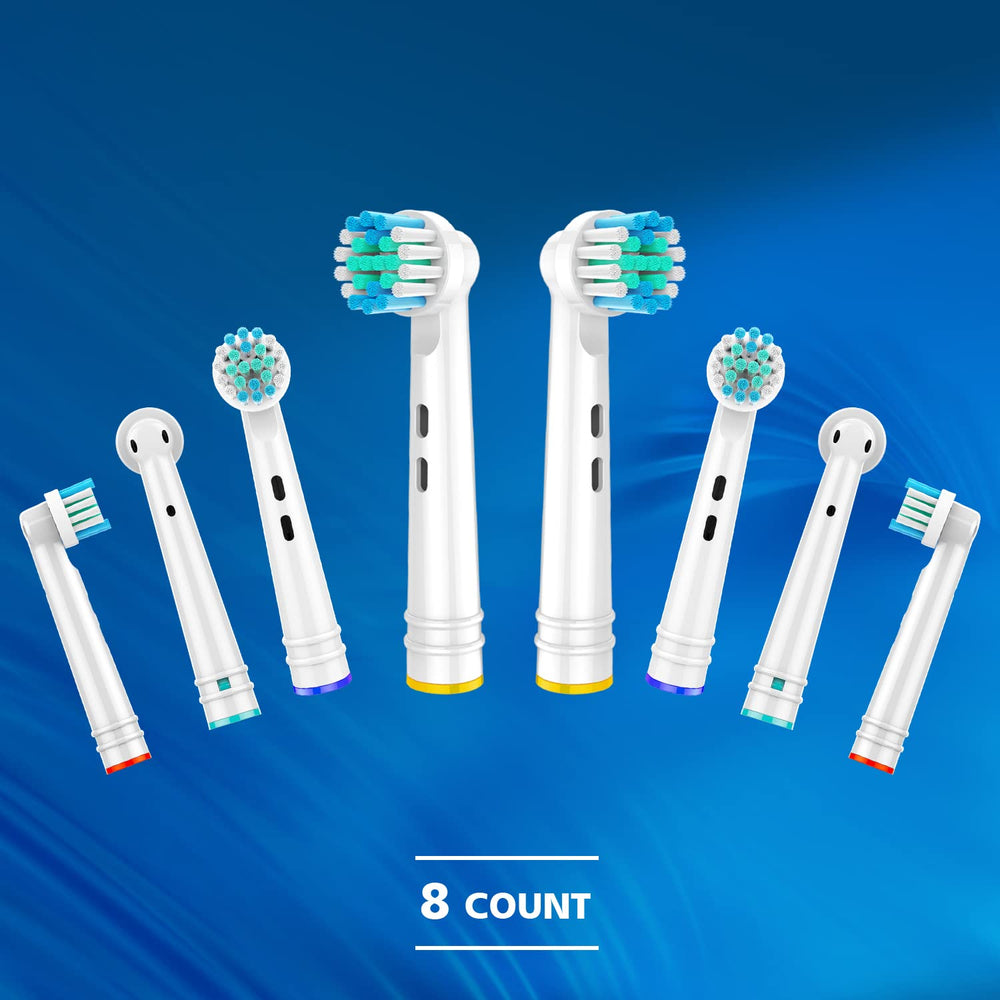 Eight Oral-B replacement heads compatible with models 3756, 3757, 3744, 3765, 3709, 4729.