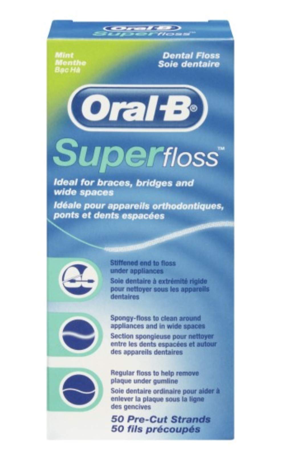 Oral-B Super Floss Mint 3-pack packaging with 50 strips per pack