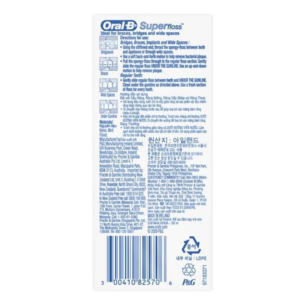 Oral-B Super Floss Mint - three-component floss: stiffened-end threader, spongy floss, and regular floss