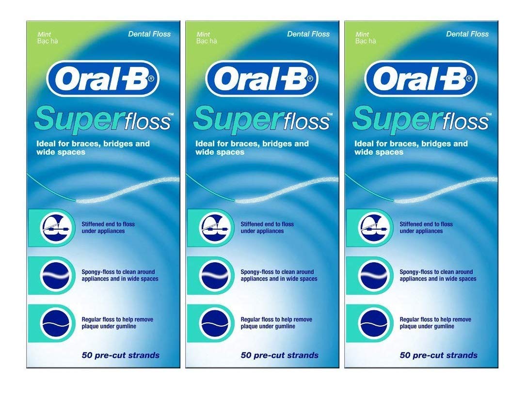 Front view of Oral-B Super Floss Mint Pack of 3 packaging