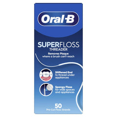 Close-up of floss components: stiffened-end threader, spongy floss and regular floss – image 3