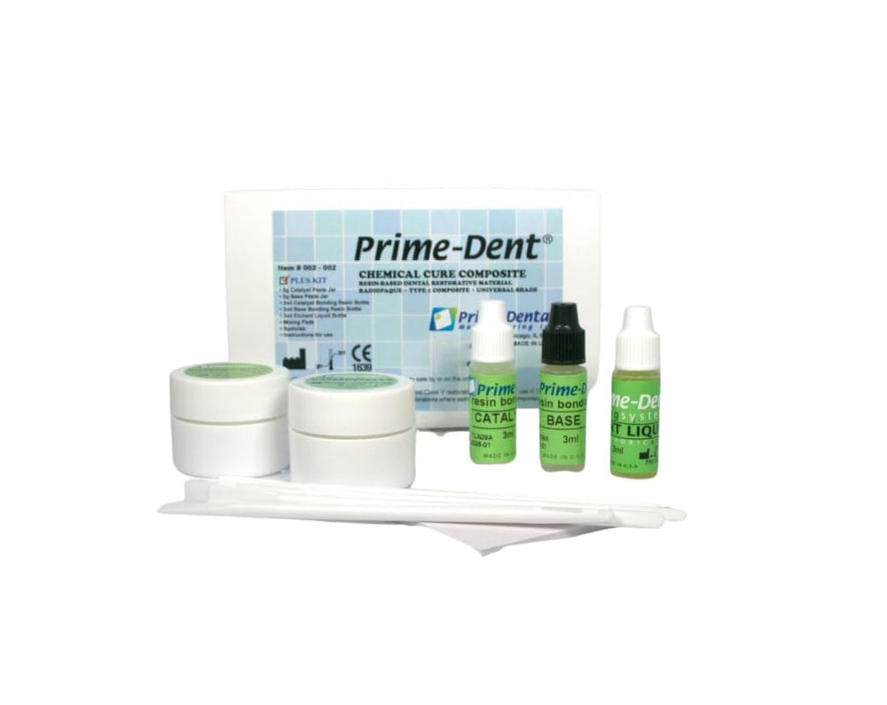 Front view of Oral Care Self-Curing Adhesive Kit with mixing pads and spatulas