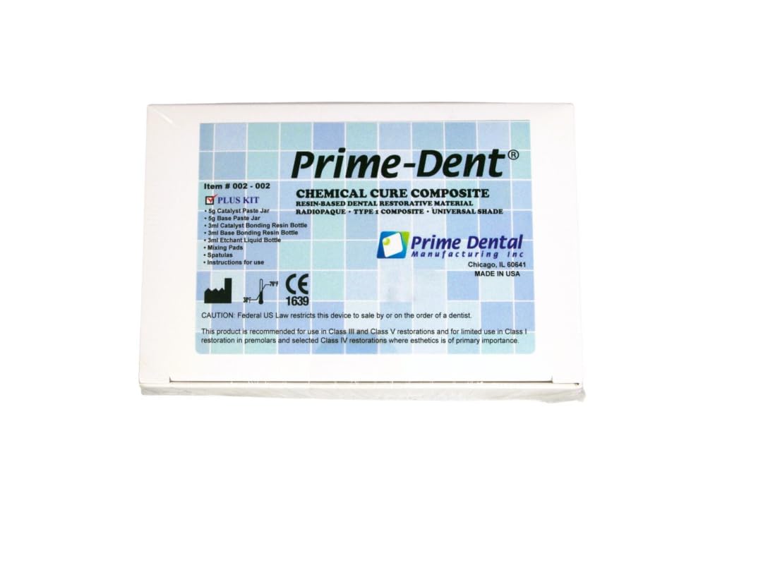 Chipped tooth repair kit components: adhesive, mixing pads, and spatulas