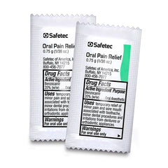 Close-up of a single Oral Pain Relief packet