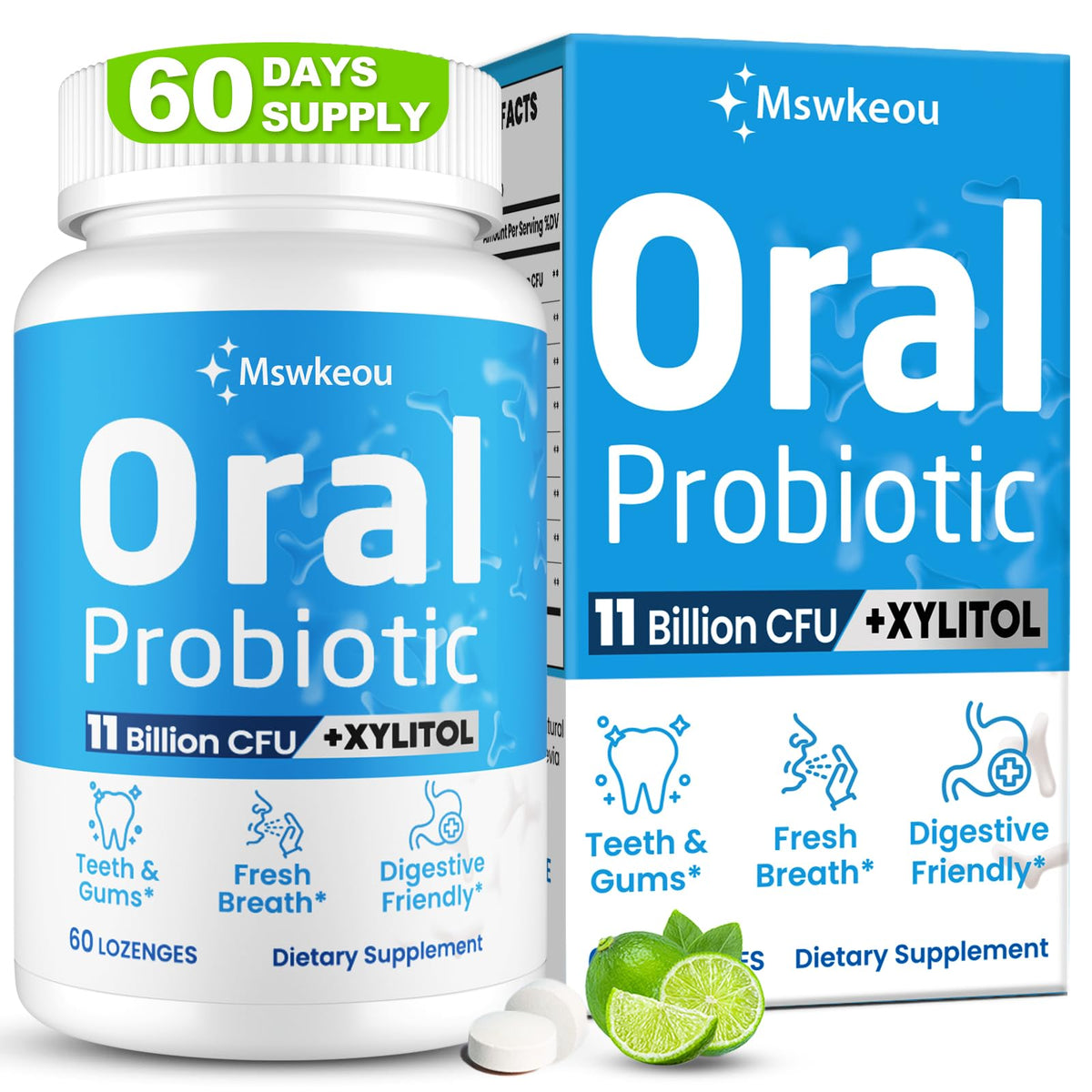 Product image showing oral probiotics lozenges with 11B CFU for bad breath
