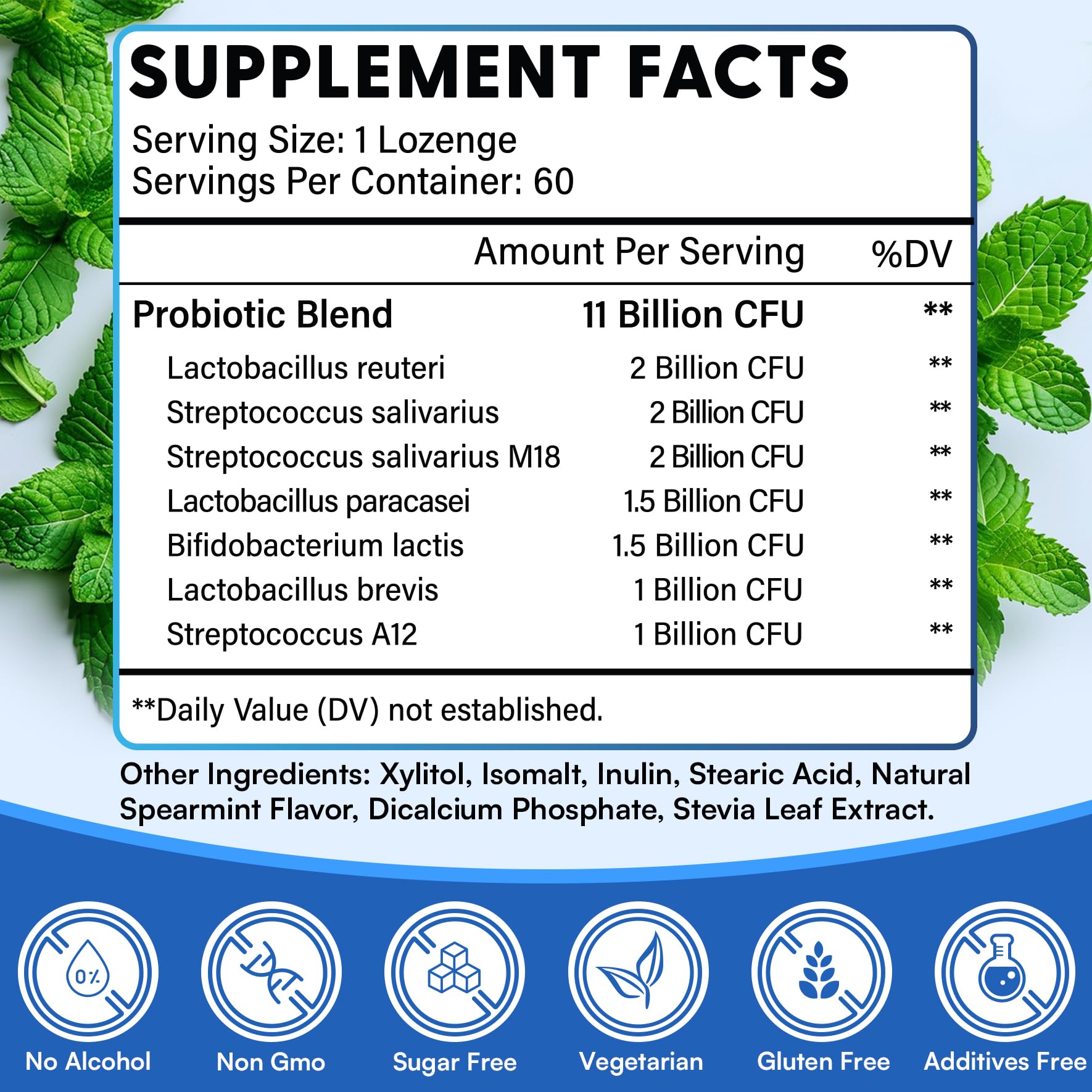 Second view of the oral probiotics bottle with mint lozenges