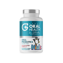 Front bottle of oral probiotics for kids strawberry-vanilla chewables