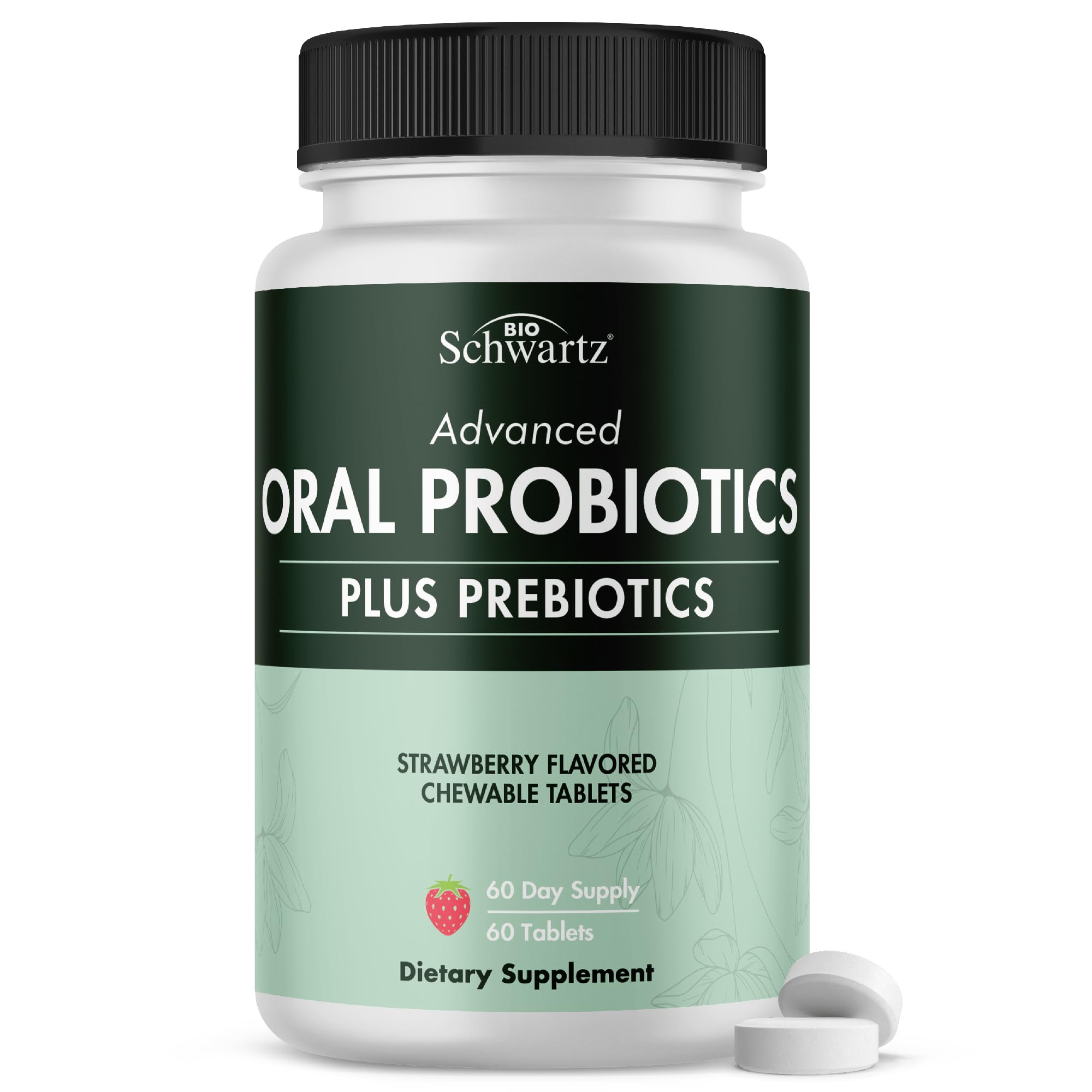 Strawberry flavored chewable oral probiotic tablets in bottle