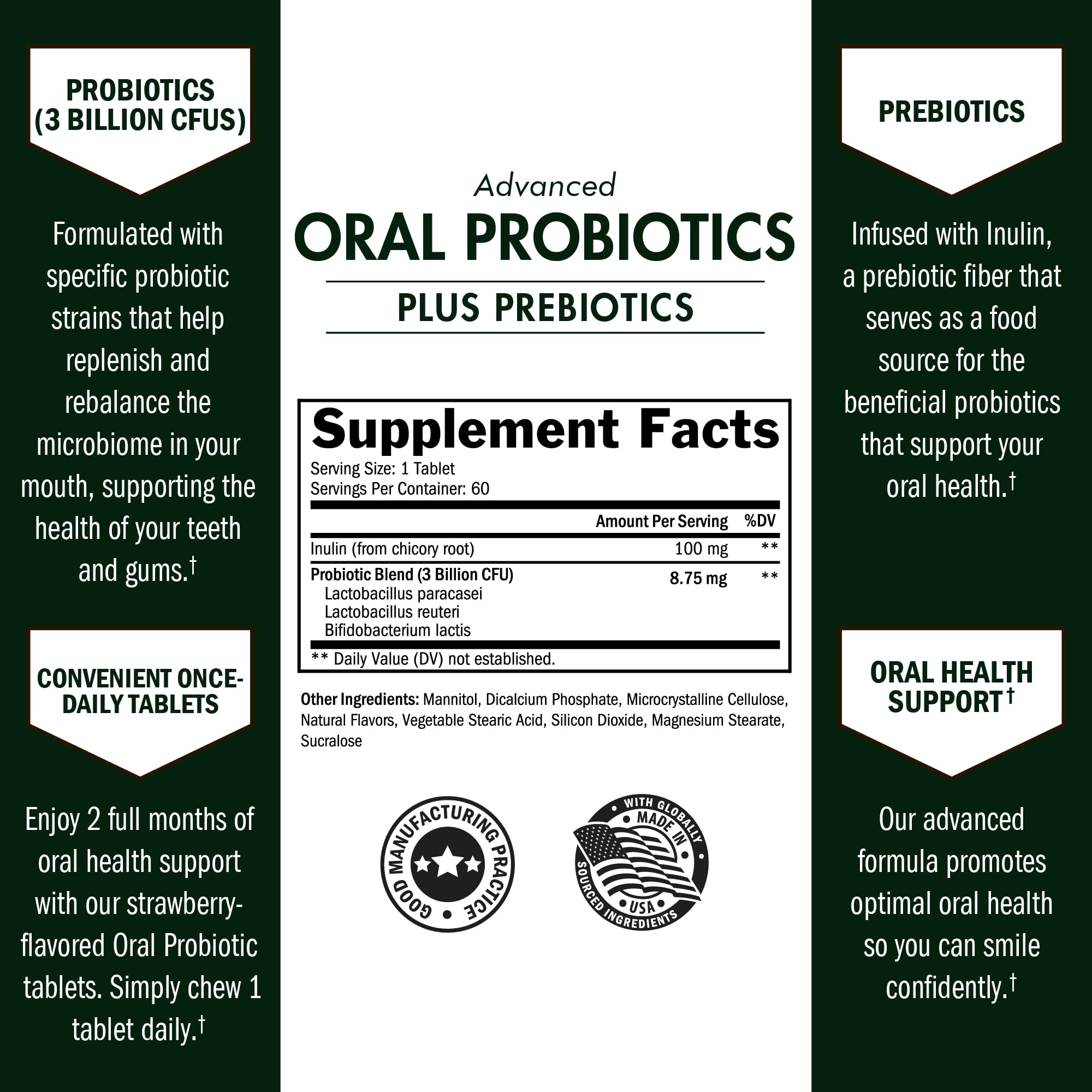 Close-up of strawberry flavored dental probiotic tablets