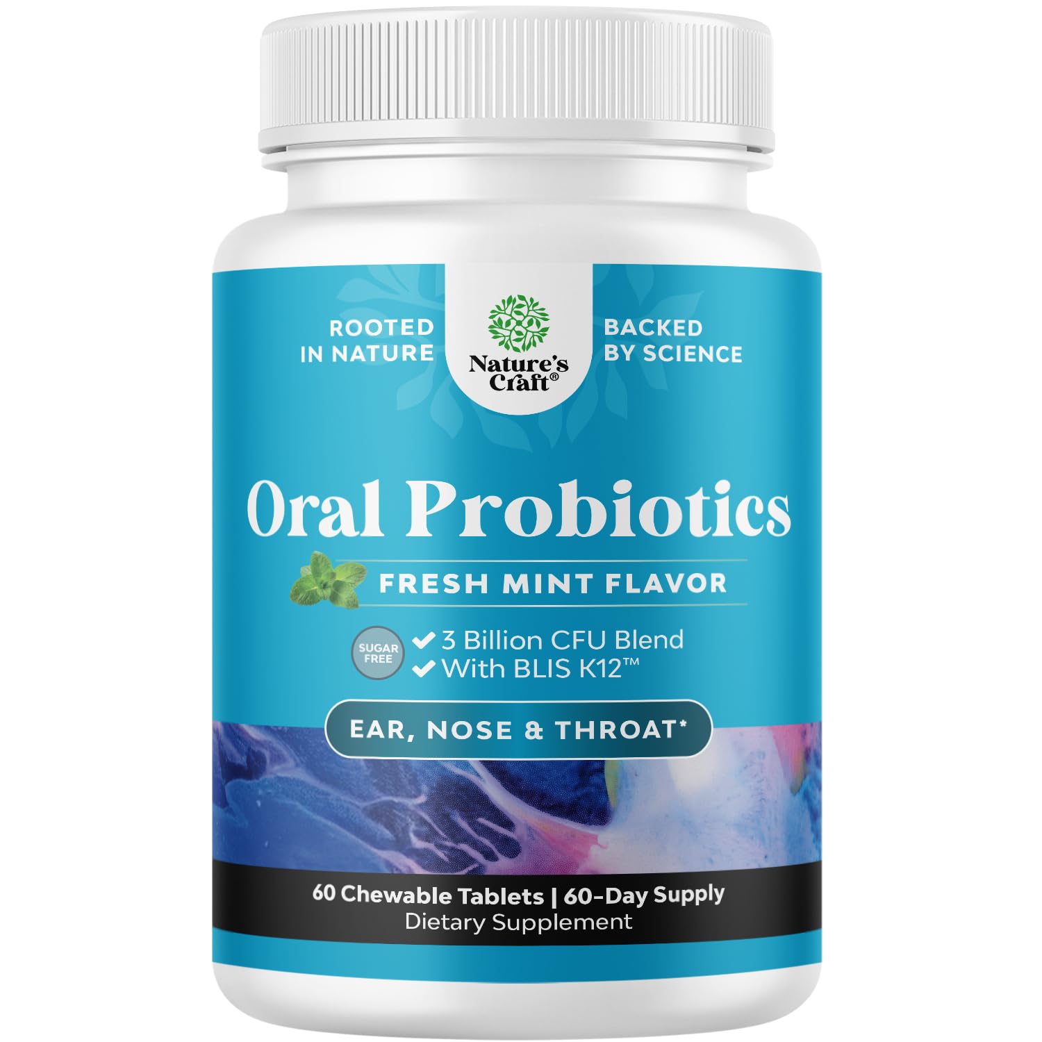 Front view of minty BLIS K12 oral probiotic lozenges for teeth and gums, 60 count