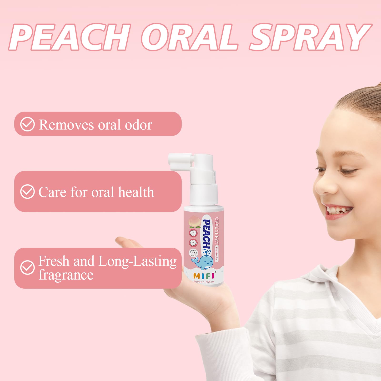 Child using Peach Oral Spray for quick teeth cleaning