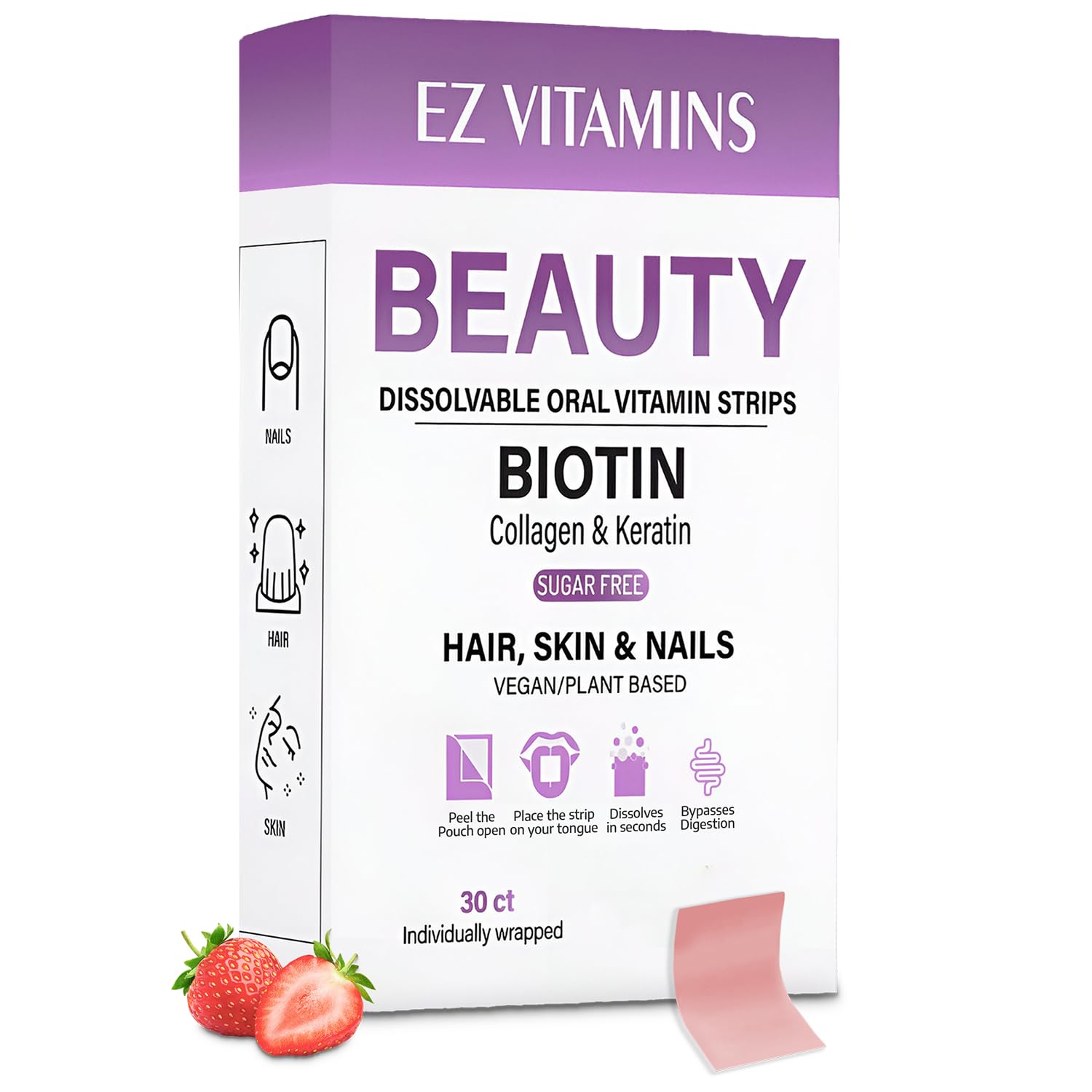 Product packaging front showing Oral Strips for Hair, Skin & Nails