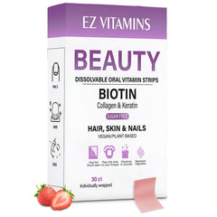 Product packaging front showing Oral Strips for Hair, Skin & Nails