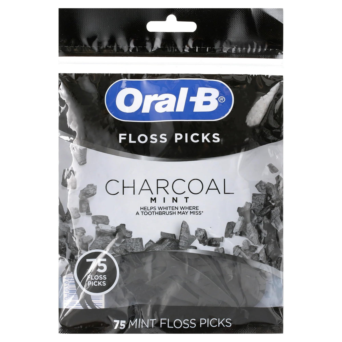 Front view of Oral-B Charcoal Infused Mint Floss Picks 75-count package