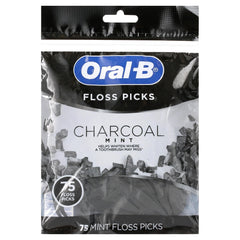 Front view of Oral-B Charcoal Infused Mint Floss Picks 75-count package