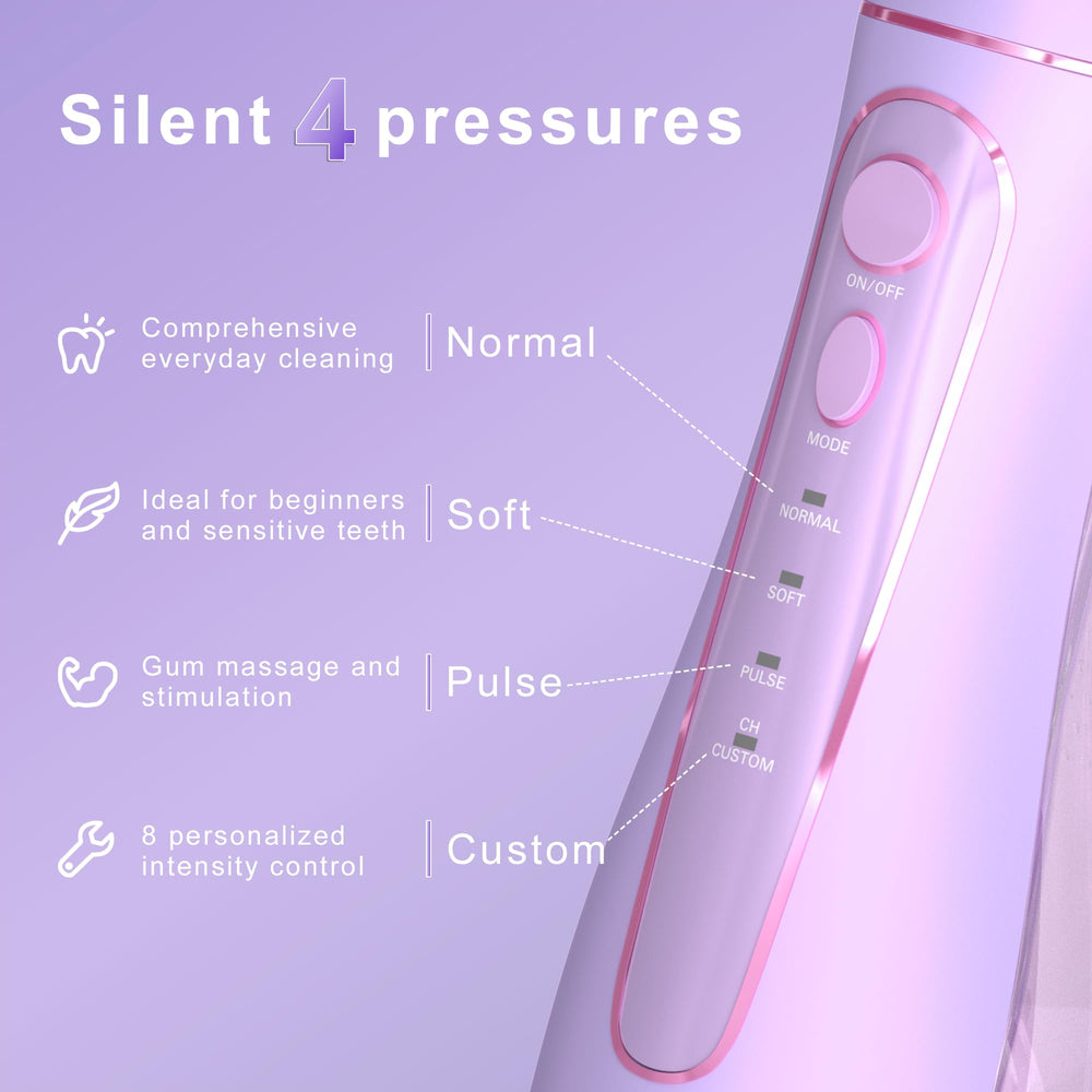 Oralfree flosser showing four cleaning modes: soft, regular, pulse, DIY