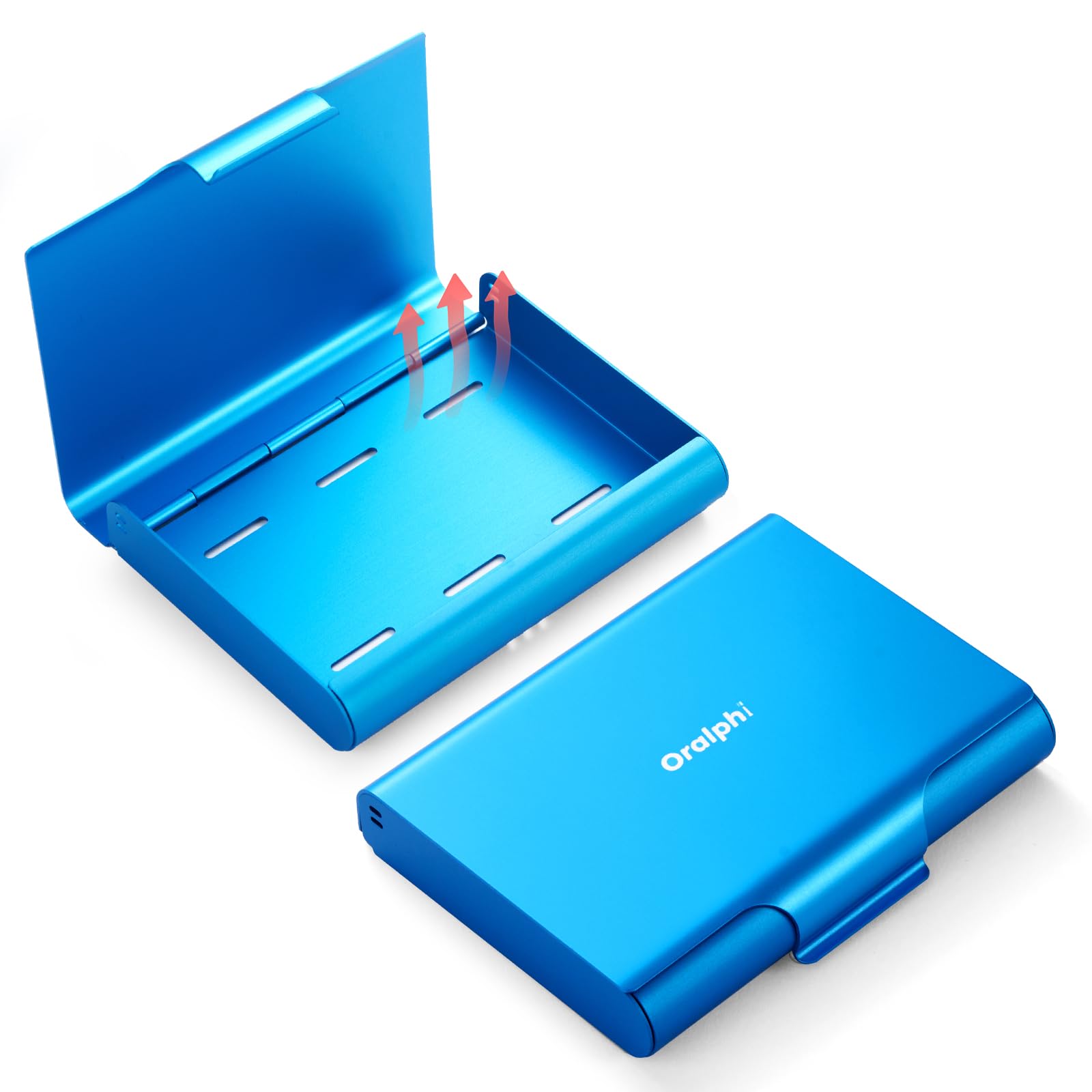 Oralphi aluminum retainer case blue open view showing dual ventilation