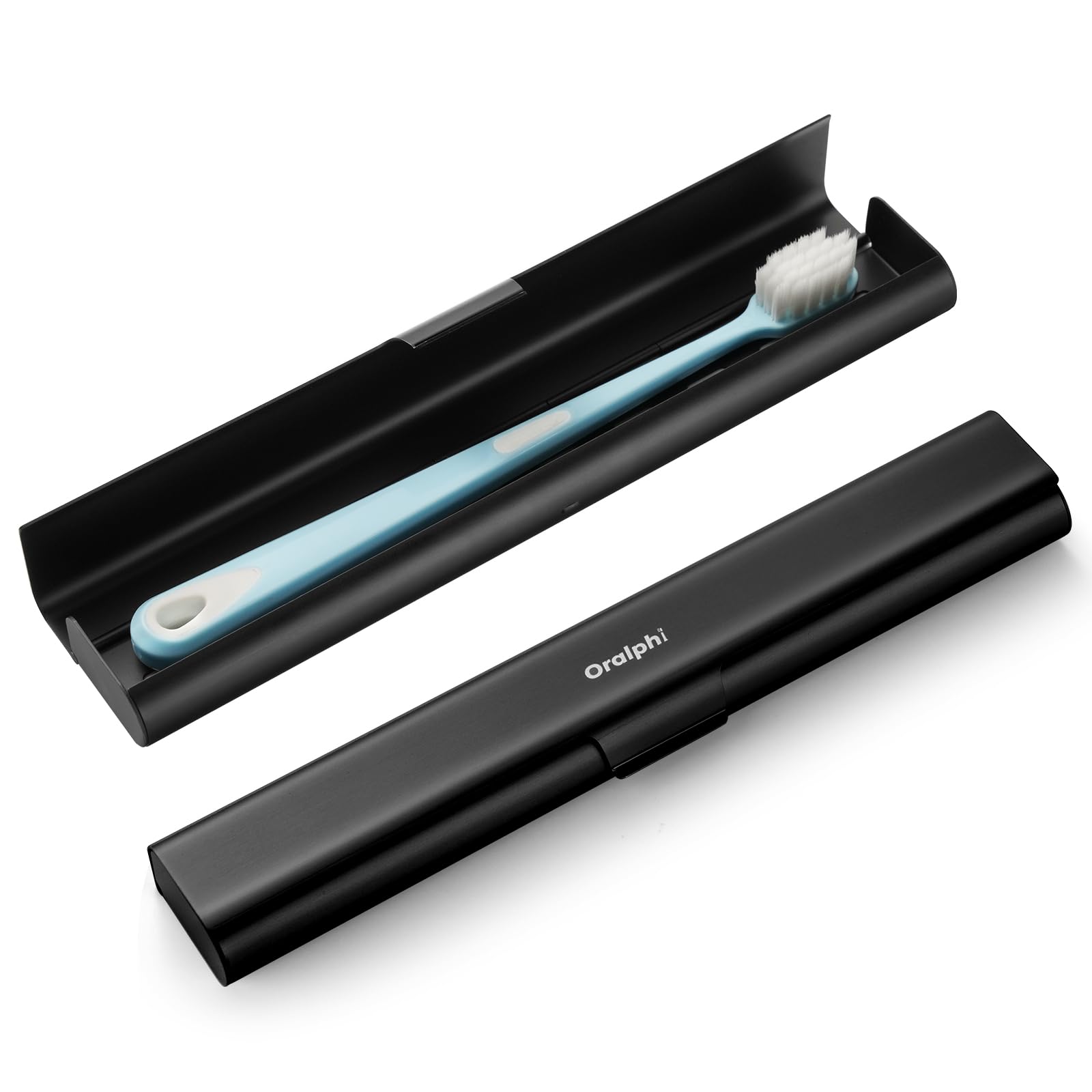 Oralphi aluminum travel toothbrush case in black, closed.
