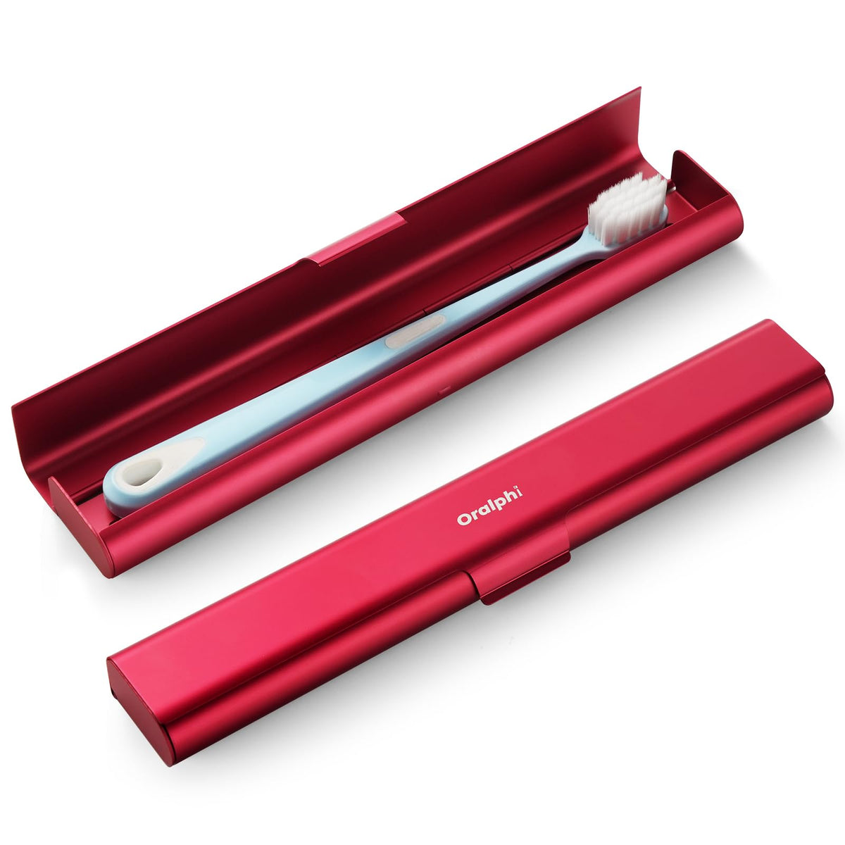 Oralphi aluminum travel toothbrush case in red, front view
