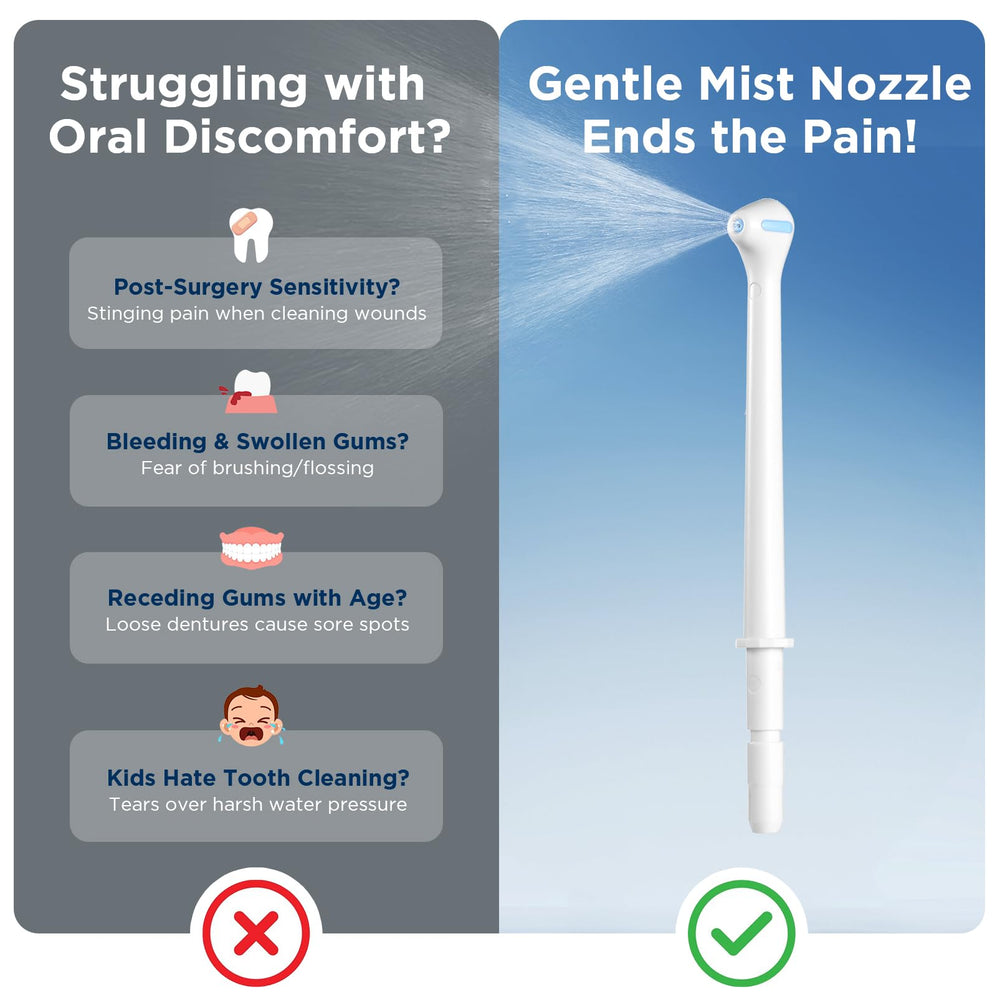 70-degree mist head delivering gentler Waterpik spray