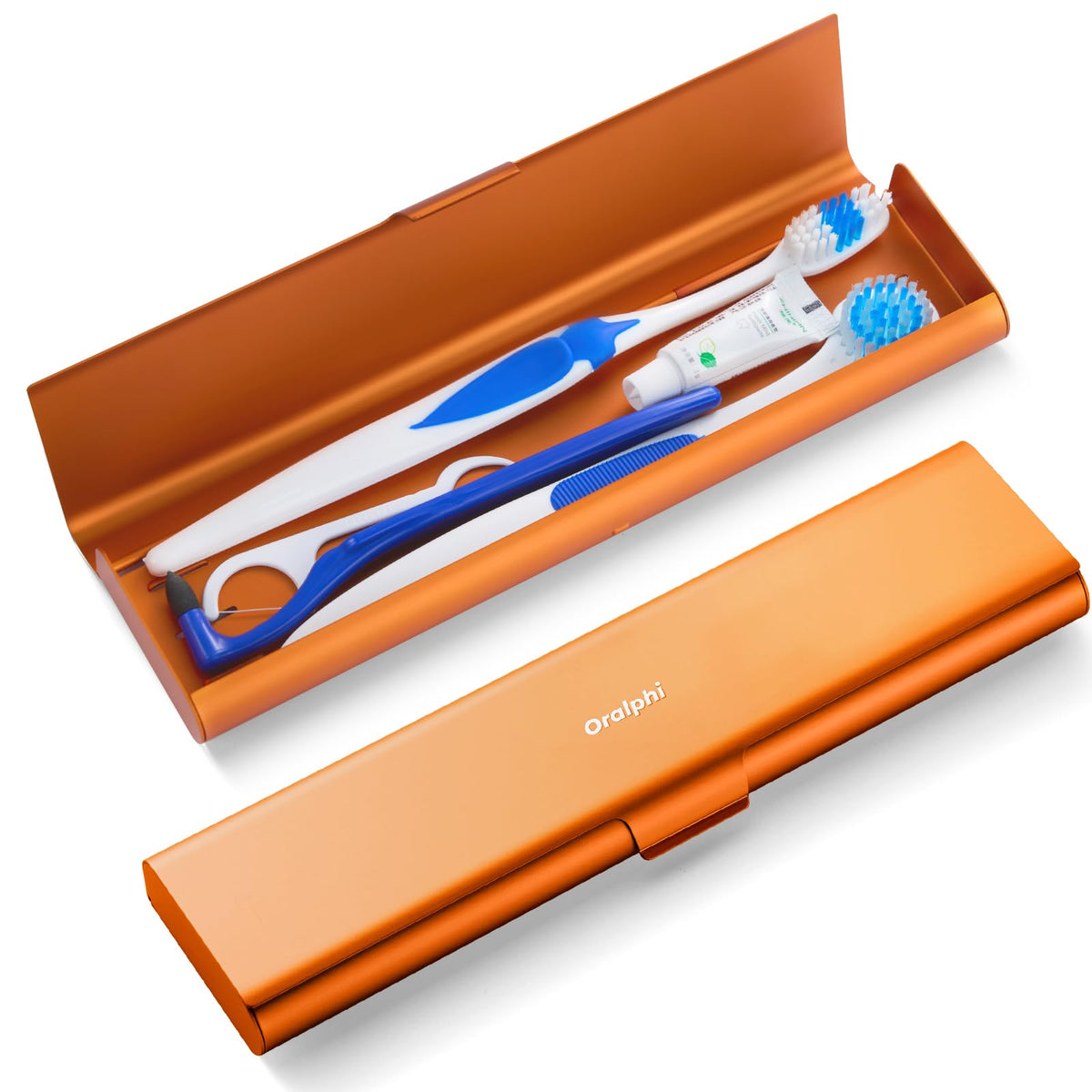 Oralphi Wider Aluminum Travel Toothbrush Case in orange exterior view
