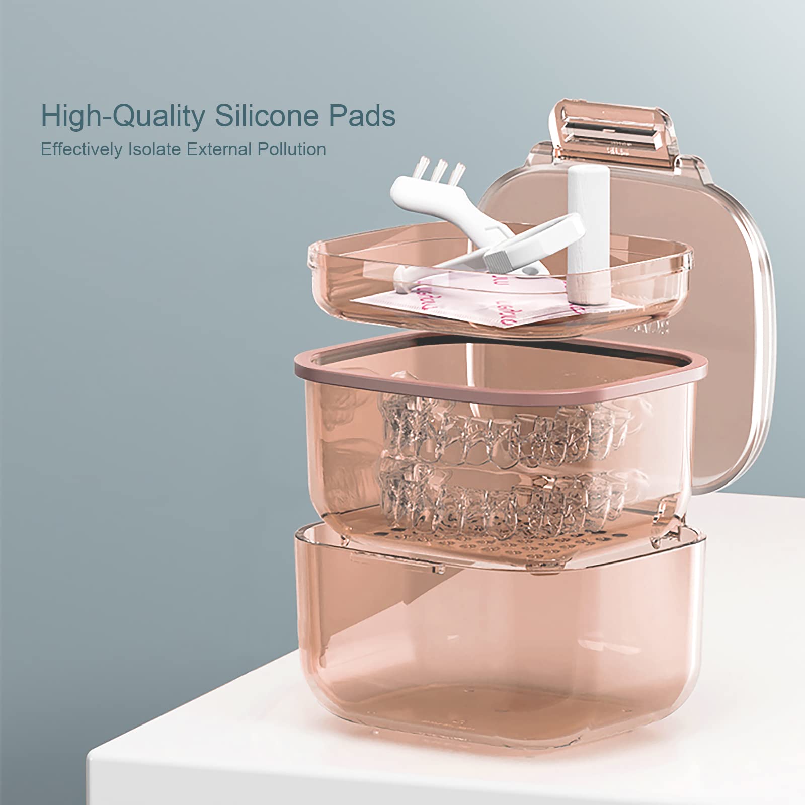 Compact denture bath with drain tray in orange finish
