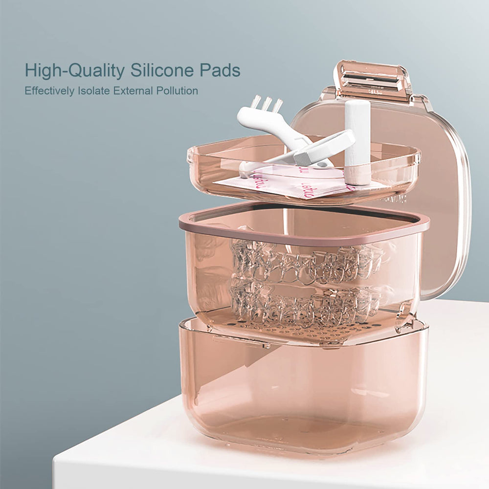 Compact denture bath with drain tray in orange finish