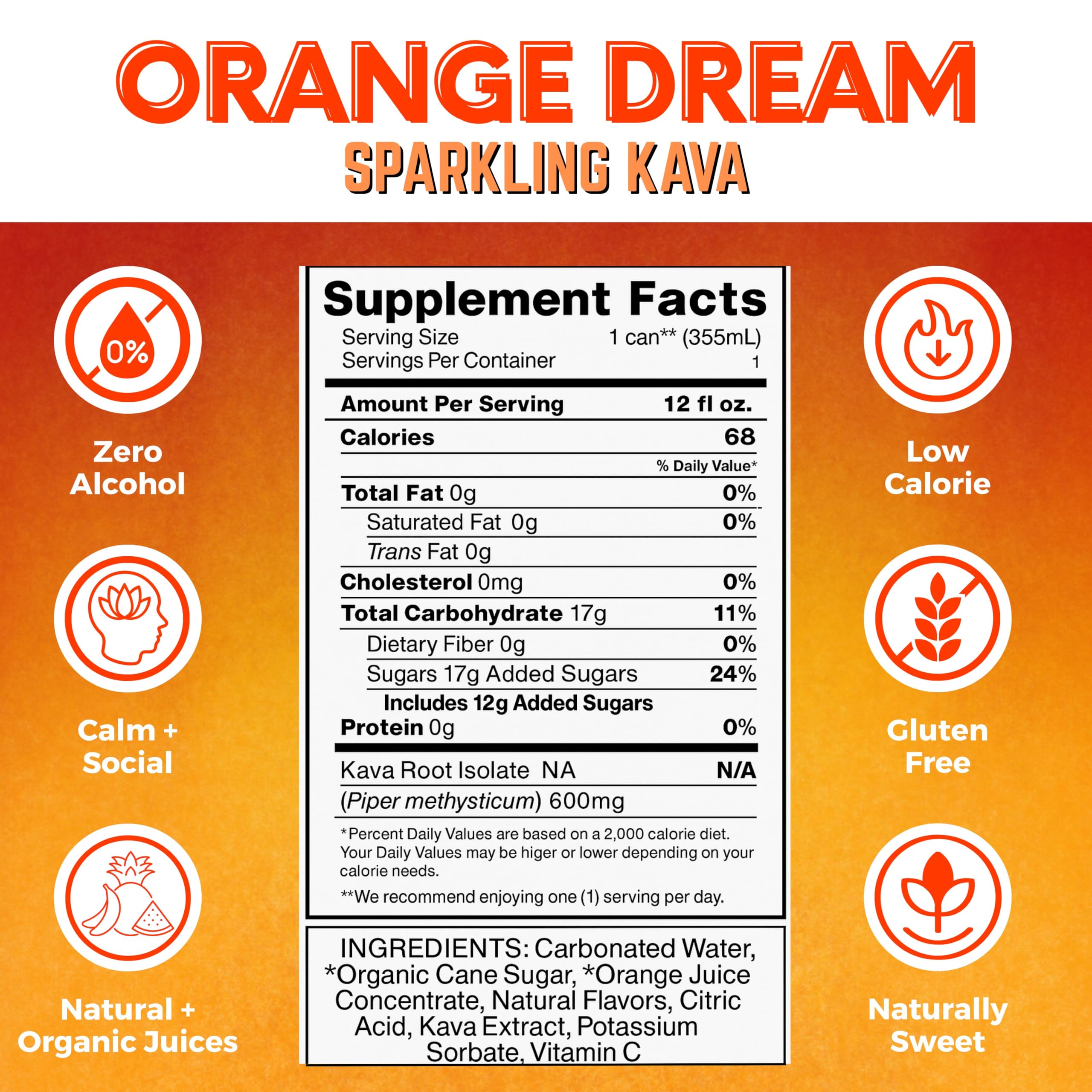 Orange Dream flavor sparkling kava seltzer can with vanilla notes