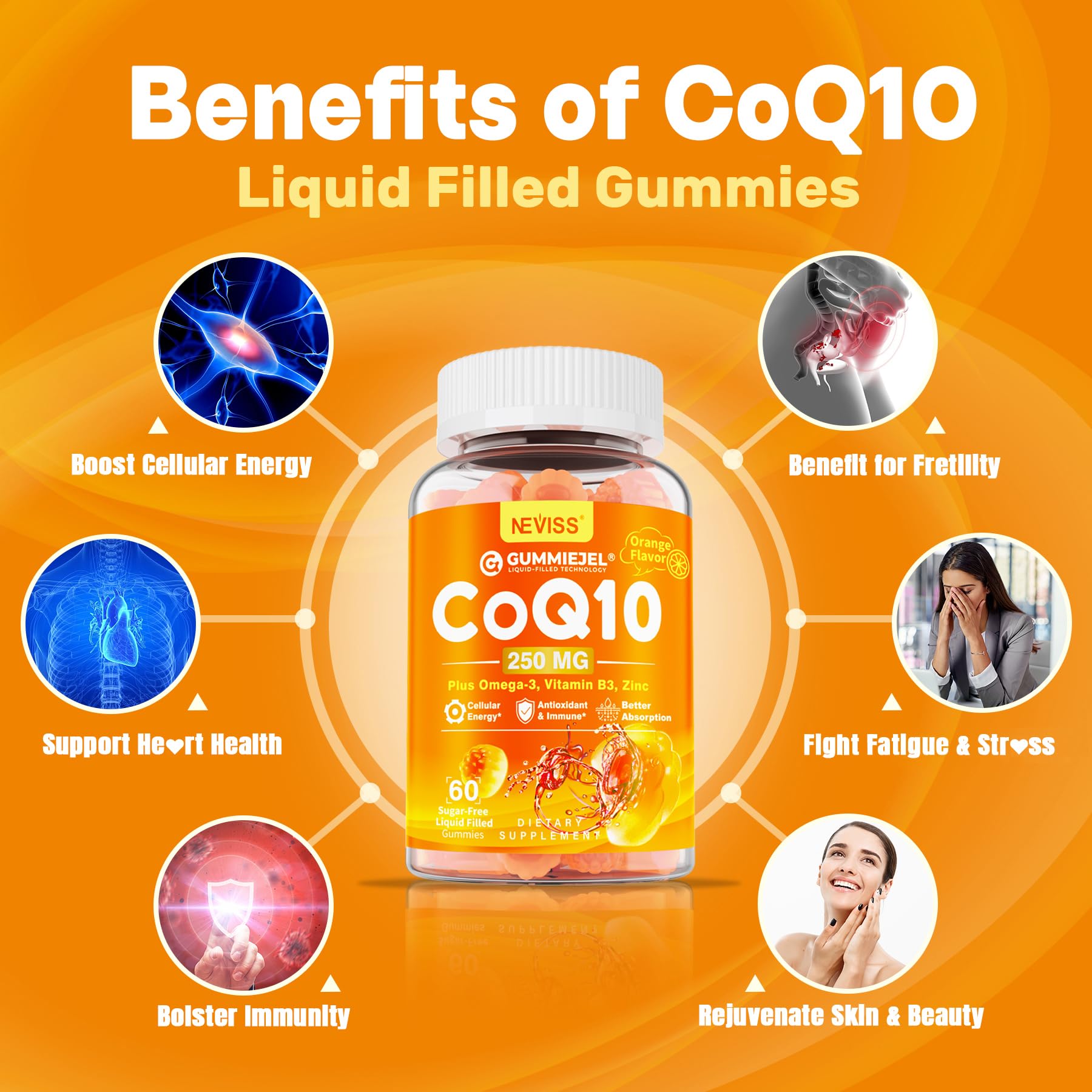 Close-up of orange flavored liquid-filled CoQ10 gummy