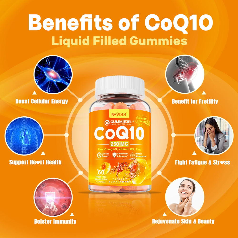 Close-up of orange flavored liquid-filled CoQ10 gummy