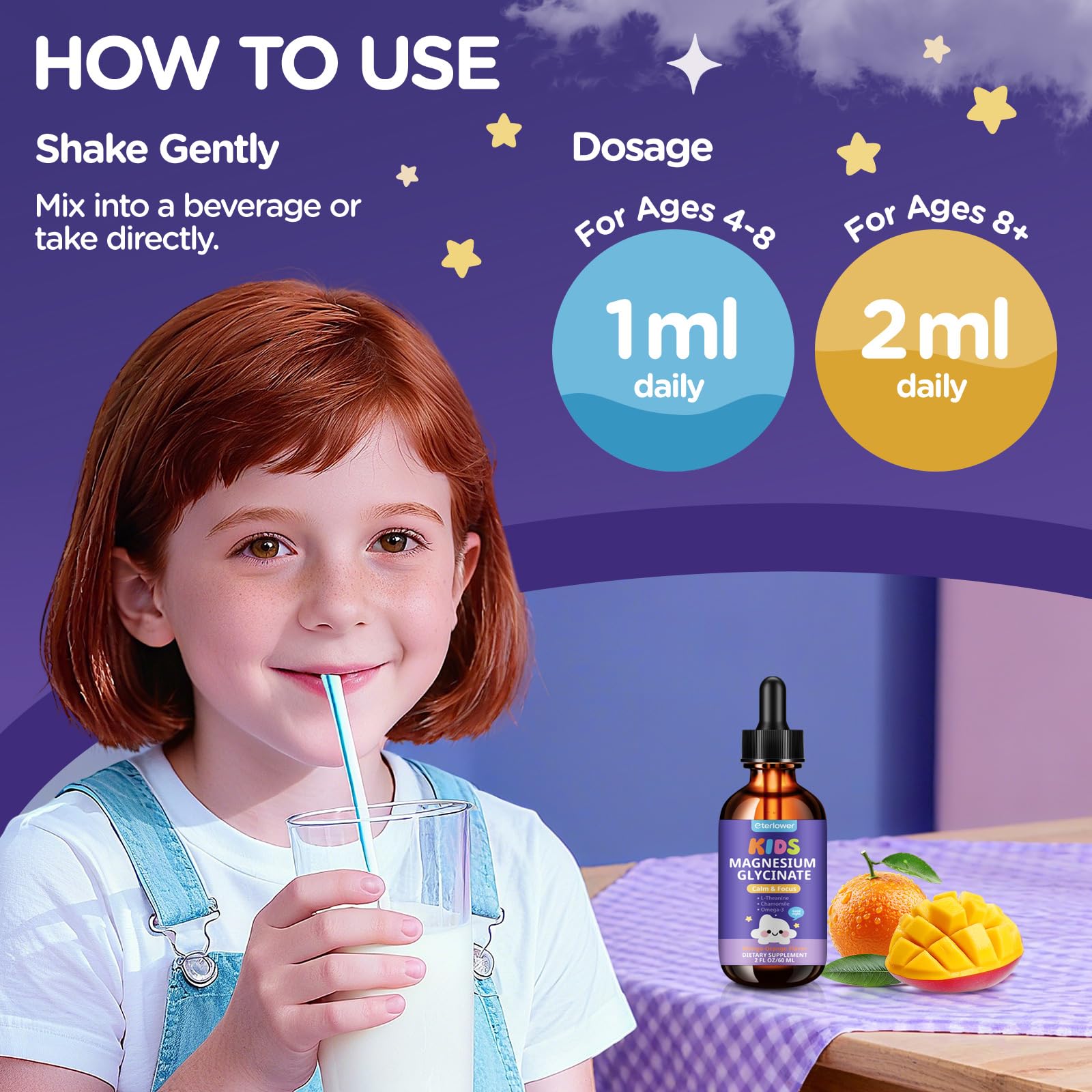 Orange-mango flavored magnesium liquid drops for kids