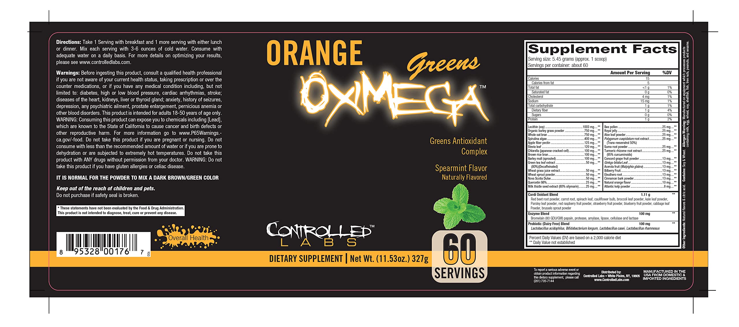 Serving of Orange OxiMega Greens Spearmint in a glass with spearmint