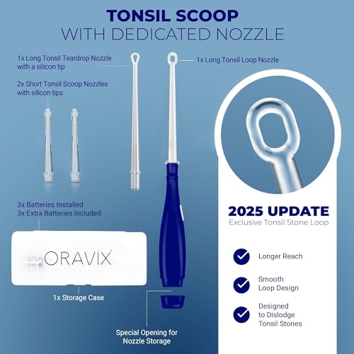 Tongue scraper included in ORAVIX tonsil stone remover kit