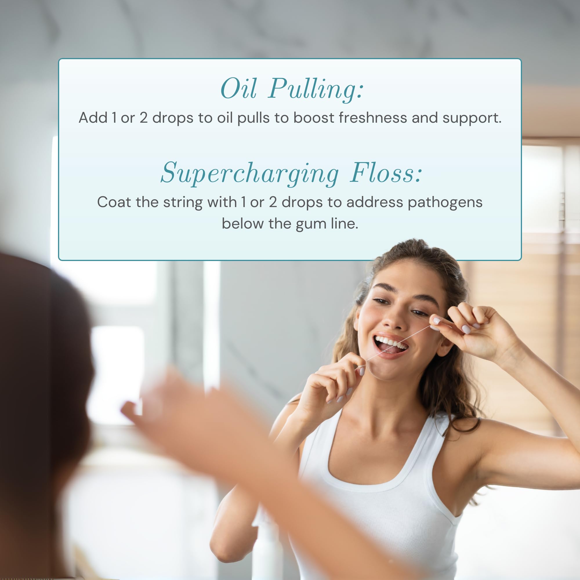Illustration of flossing with OraWellness oil