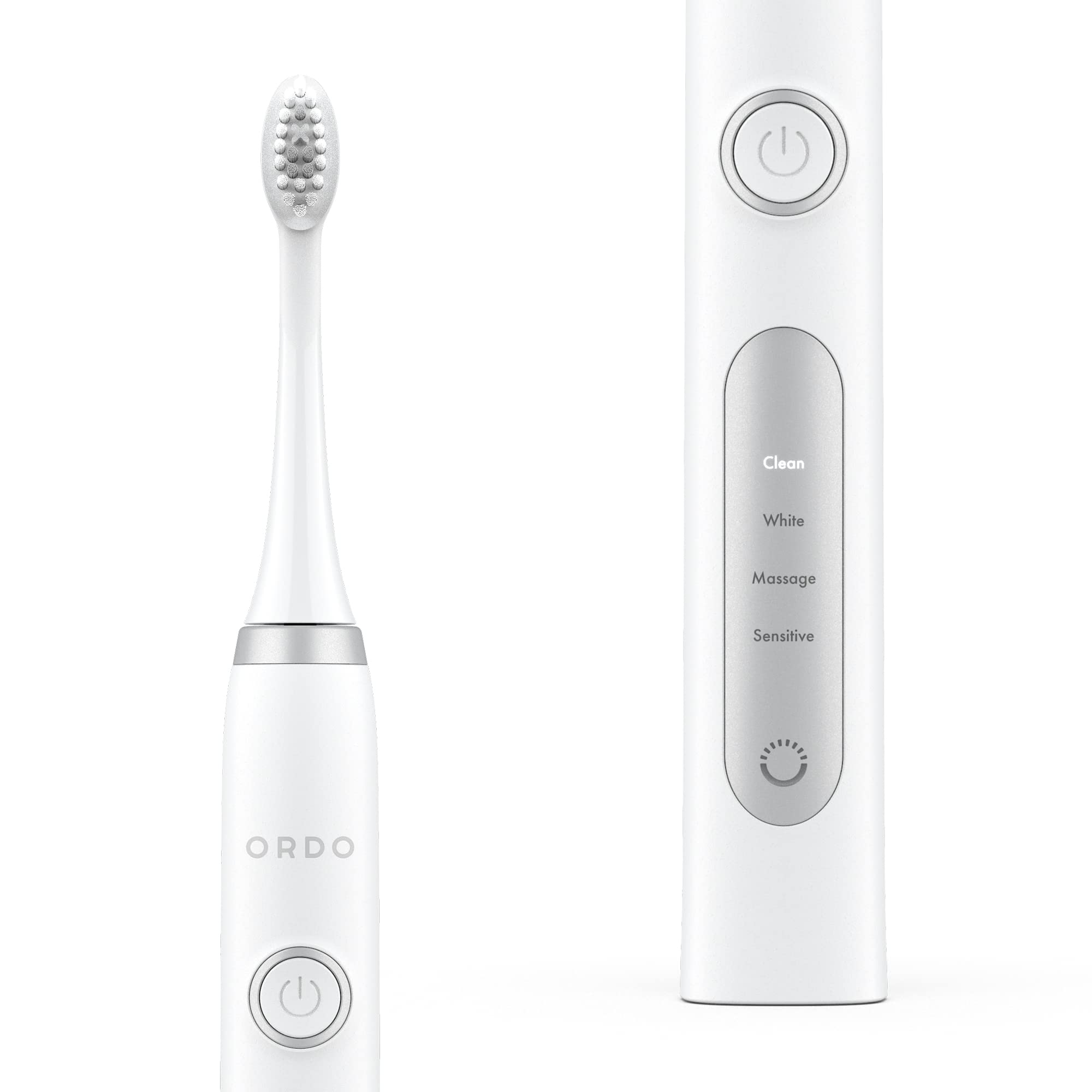 Close-up of Ordo Sonic+ toothbrush with white silver handle
