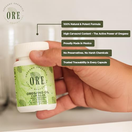 Softgel capsules in a row for ORE Oregano Oil